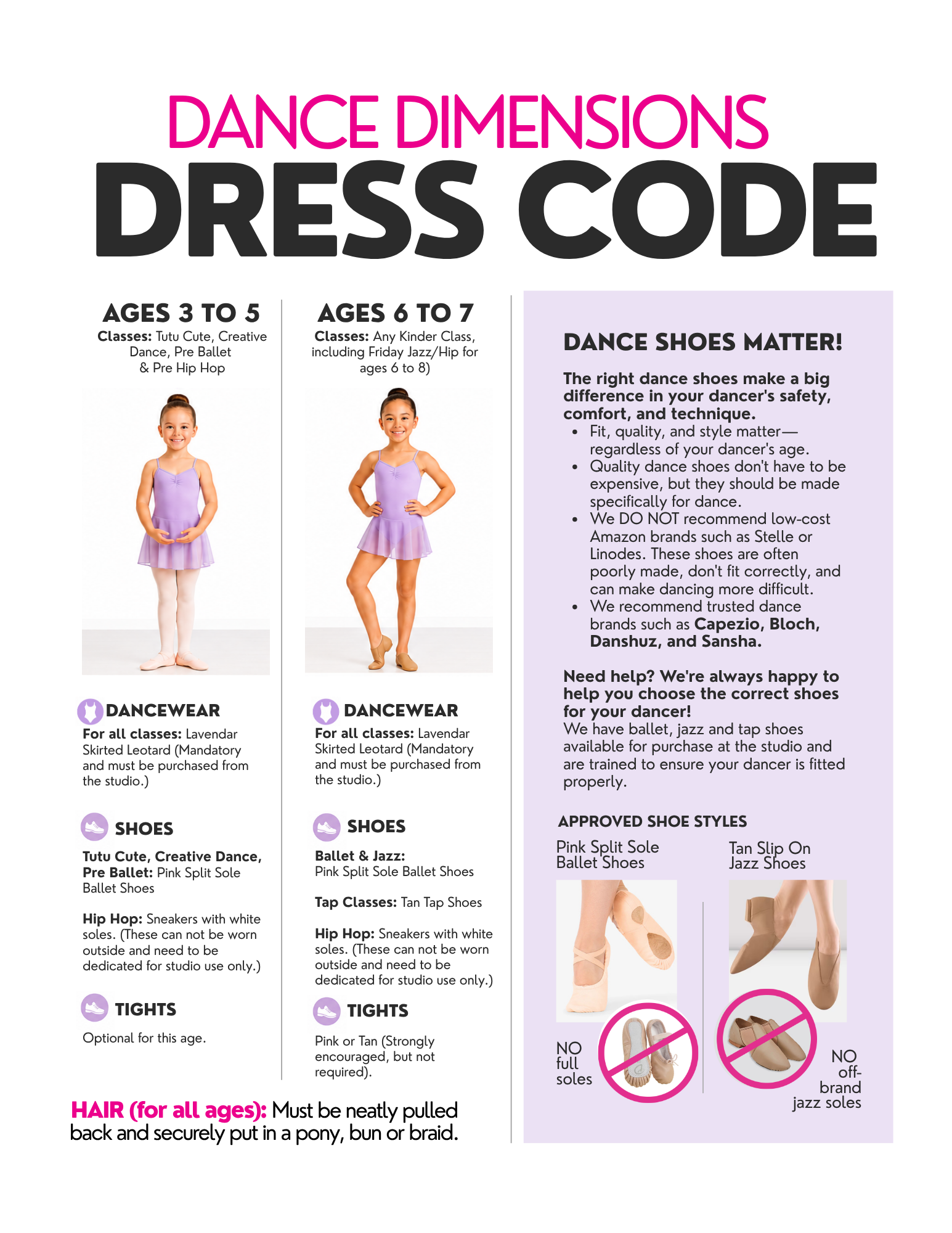 Dance Dimensions dress code for ages 3 to 7