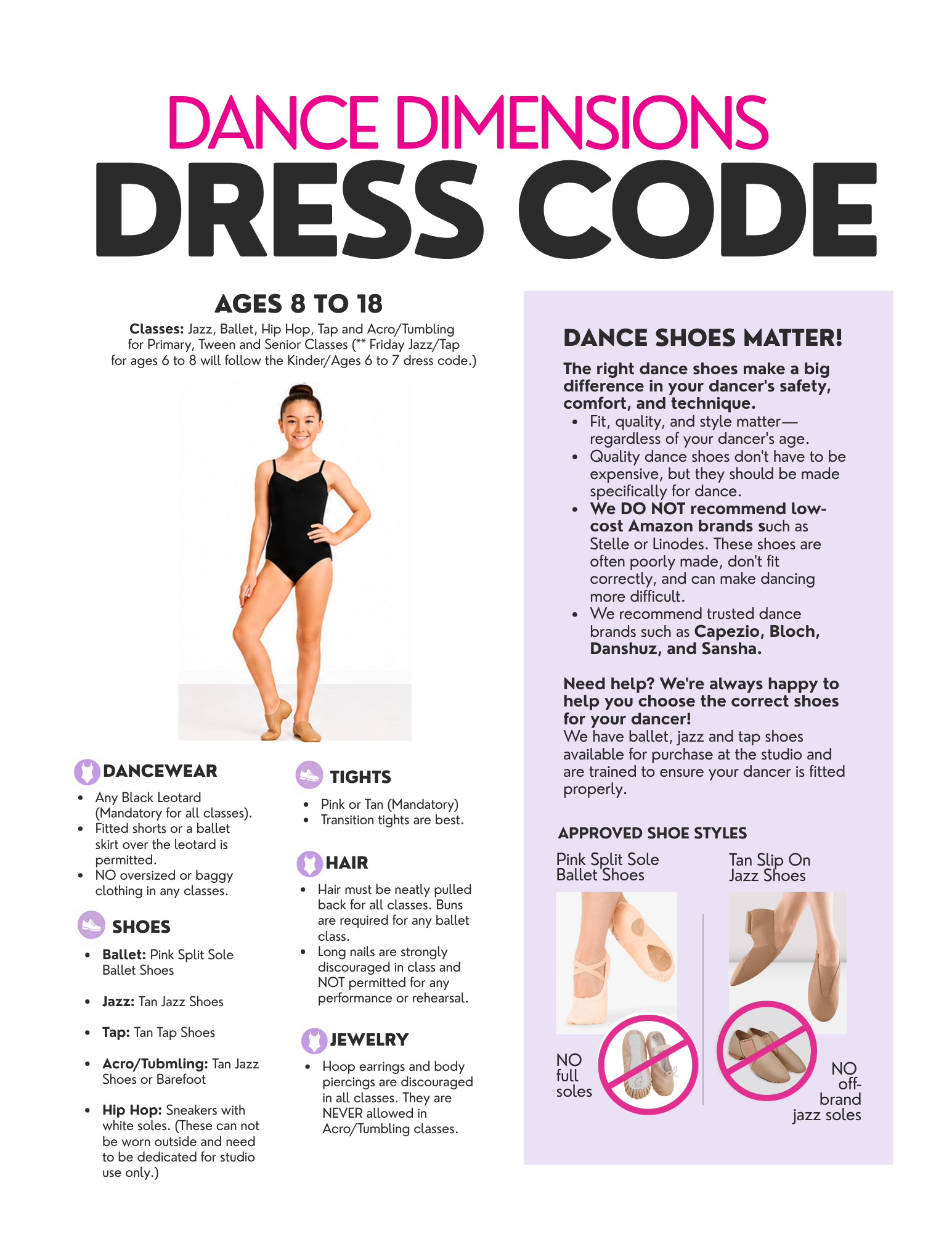 Dance Dimensions dress code for ages 8 to 18