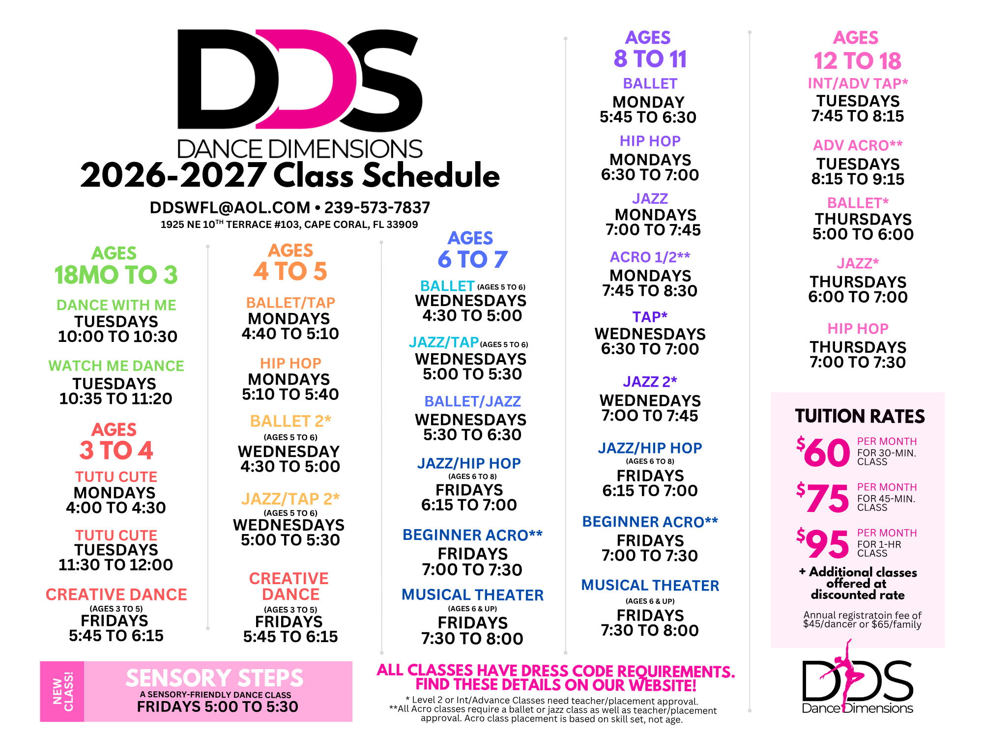 DDS Dance Dimensions 2026-2027 Class Schedule